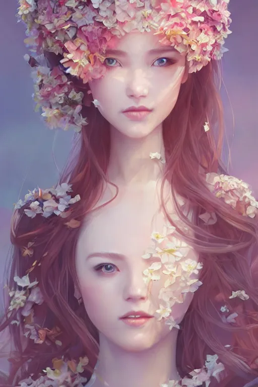 Image similar to romantic and fashion and love princess of the flower with sheath dress, 8 k realistic, teenager girl, baroque, symmetrical, flowing hair, smile, trending pinterest and pixiv, muted colors, hyperrealistic, l close up shot, character concept art, face by kyoung hwan kim, alexandra fomina, ilya kuvshinov