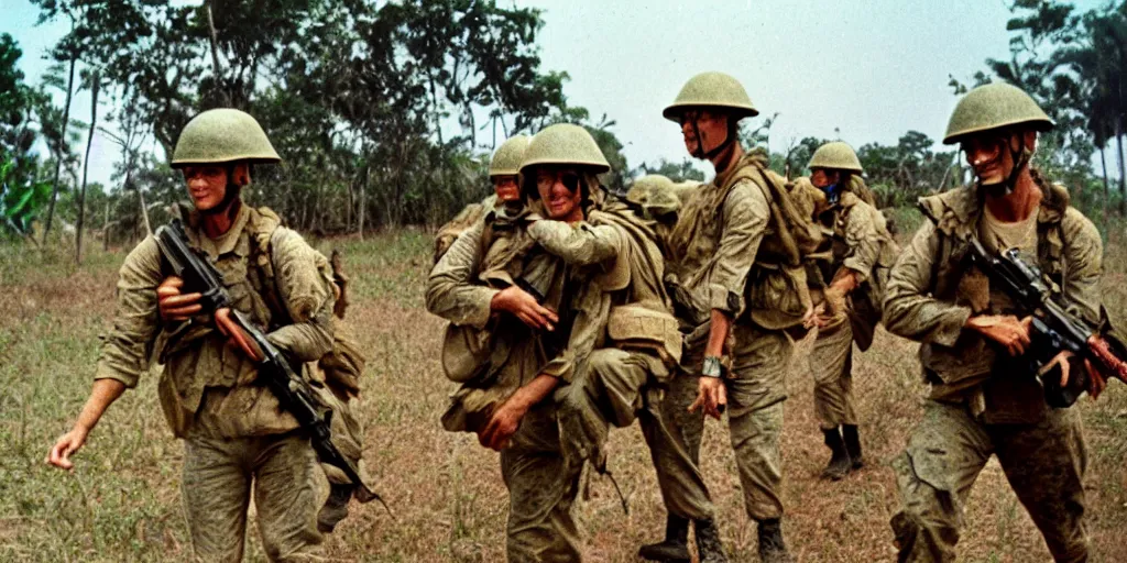 Image similar to u. s. marines move through a landing zone 1 9 6 9, vietnam war, soldiers closeup, face closeup, us flag, jungles in the background, coloured film photography, exposed colour film, ken burns photography lynn novick photography