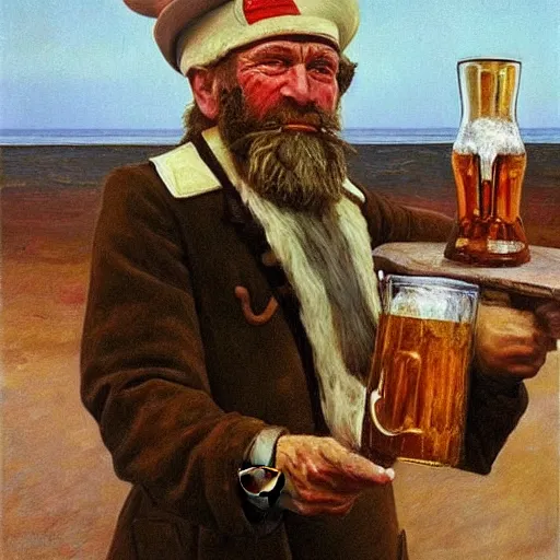 Image similar to painting of sailor hobo hyperrealism vasily vereshchagin with beer mug