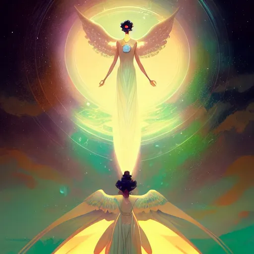 Prompt: an angel of the dawn light, in the heavens by victo ngai, peter mohrbacher digital art
