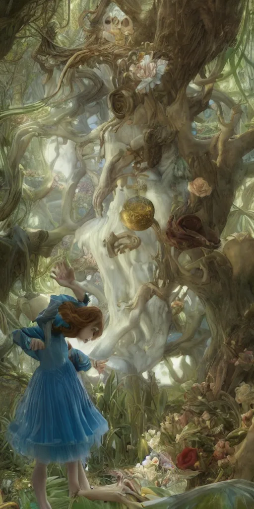 Image similar to Alice in wonderland, masterpiece by Edgar Maxence and Ross Tran and Michael Whelan, gustav dore, 8k, octane render