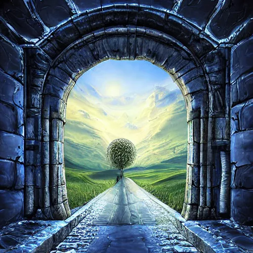 Image similar to surreal painting of a dimensional gateway leading into a 3d rendered surreal landscape environment by ferjo