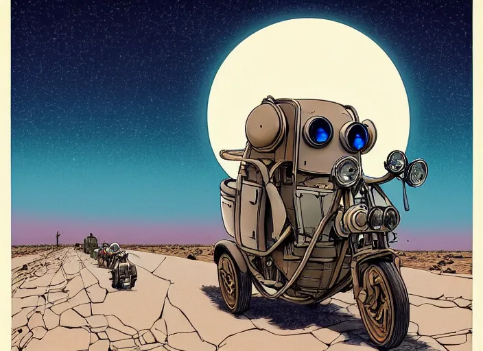 Image similar to a cell shaded cartoon of a lovecraftian mechanized sloth from howl's moving castle ( 2 0 0 4 ), on a desert road, in front of a pale full moon, full body, wide shot, very dull muted colors, studio ghibli, laurie greasley, highly detailed, deviantart, art by artgem