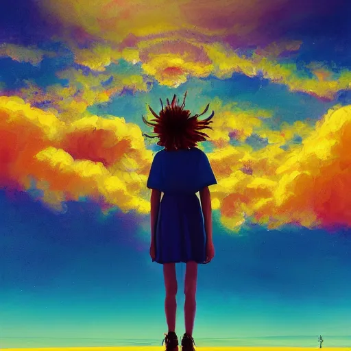 Image similar to giant daisy flower head, girl walking on salt flats mountains, surreal photography, sunrise, dramatic light, impressionist painting, colorful clouds, digital painting, artstation, simon stalenhag