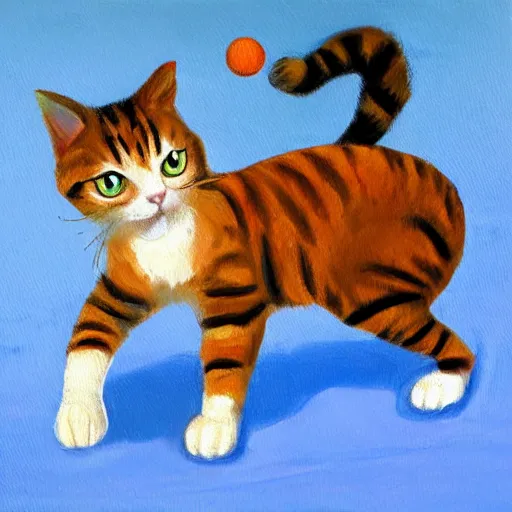 Image similar to cat playing tennis, oil painting