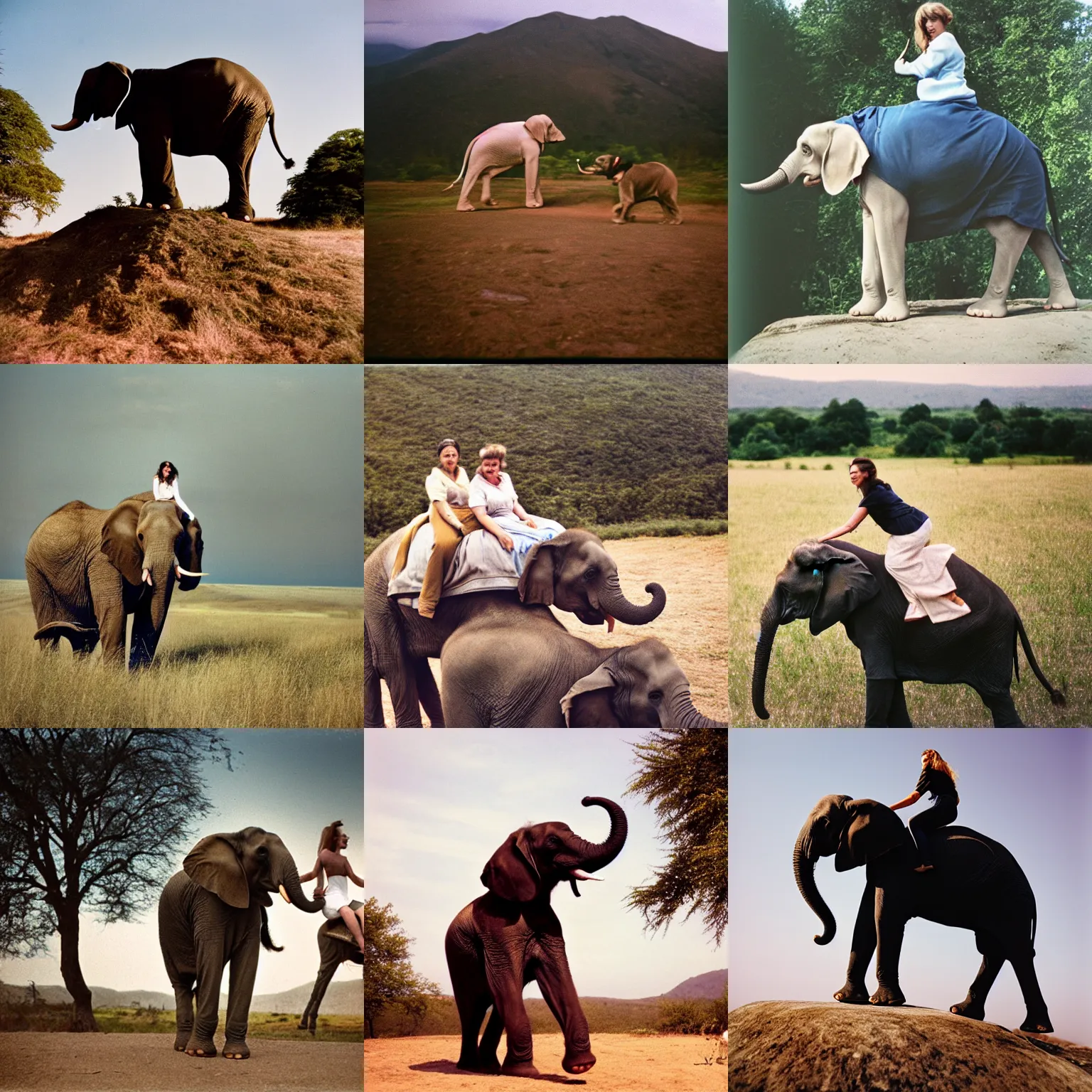 Prompt: cinestill of a woman riding on top of an elephant - sized beagle