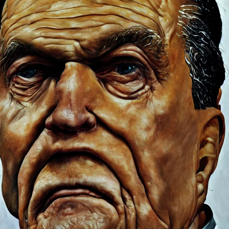 Prompt: close up studio portrait of aging old Richard Milhous Nixon age 115 wrinkled angry, shiny impasto oil painting by Lucian Freud and Tim Hawkinson and Cy Twombly, trending on artstation Studio lighting Expressionism