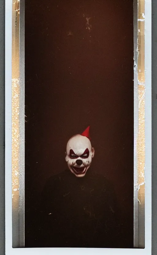 Image similar to an eerie polaroid photograph of a scary evil horrifying clown in the backrooms, nighttime, dimly lit, creepy hd 4k