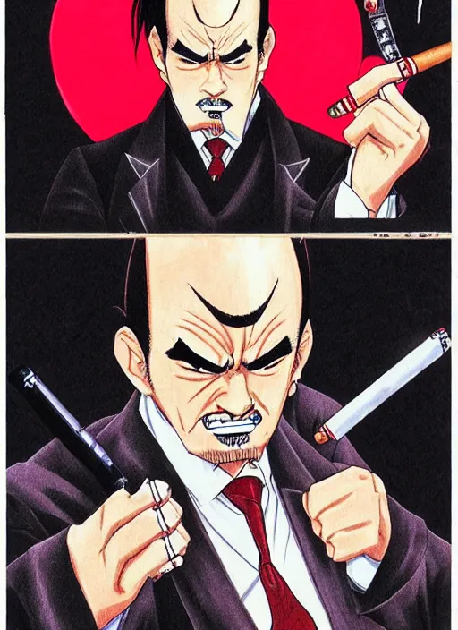 Prompt: heihachi mishima dressed formally, smoking a cigar, drawn in the style of keisuke itagaki, manga illustration, tekken