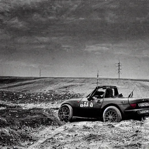 Image similar to a mazda mx-5 standing in no man's land, ww1, grainy black and white photograph