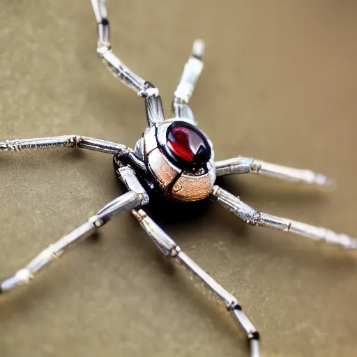 Image similar to macro photograph of a miniature mechanical spider made of silver and garnets, flickr