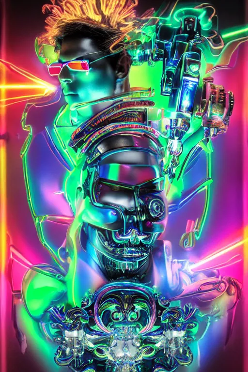 Image similar to full-body neon chrome bladerunner and baroque style sculpture of a young handsome Cuban prince wearing cholo shades as a half android with a porcelain chest opening exposing circuitry and electric sparks, glowing laser beam eyes, crown of giant diamonds, flowing neon-colored silk, fabric, raptors. baroque elements. full-length view. baroque element. intricate artwork by caravaggio. many many birds birds on background. Trending on artstation, octane render, cinematic lighting from the right, hyper realism, octane render, 8k, depth of field, 3D