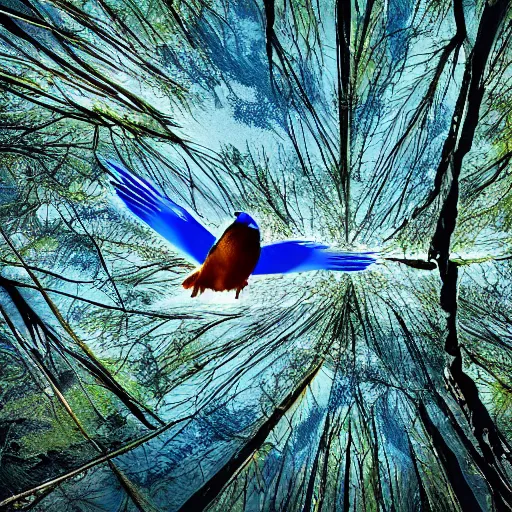 Prompt: a bluebird flies twixt trees in a beautiful valley, polygon art