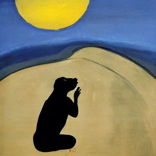 Image similar to fauvist painting of a man wiping sweat off his brow on a moonlit beach at night, with a black dog,