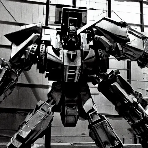 Image similar to metal gear mech in a warehouse, dramatic shot, 1 9 8 7, movie still