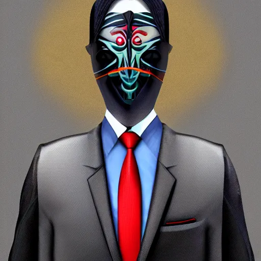 Image similar to dagoth ur mask in a tuxedo straightening his tie photo realistic very very very realistic expertly detailed digital artwork