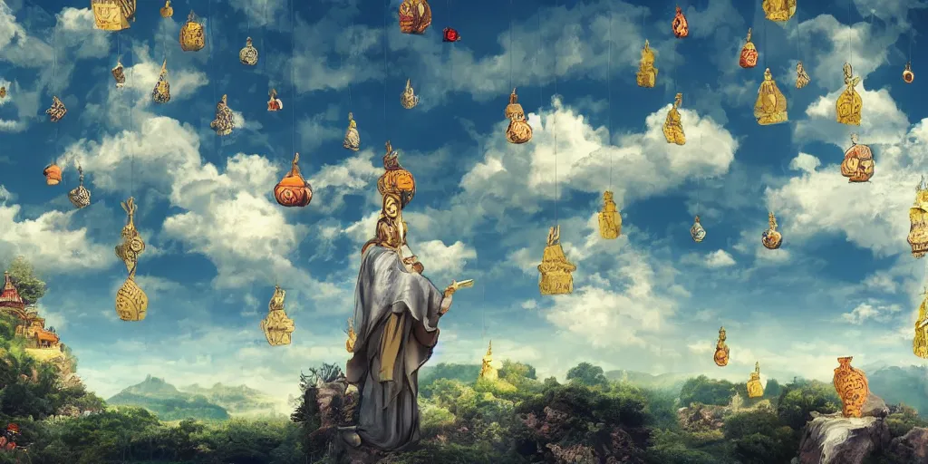 Prompt: wind god enjoying the view from his stone heavenly palace, decorated with windchimes and paper lanterns, nature, clouds and other palaces in background, digital art