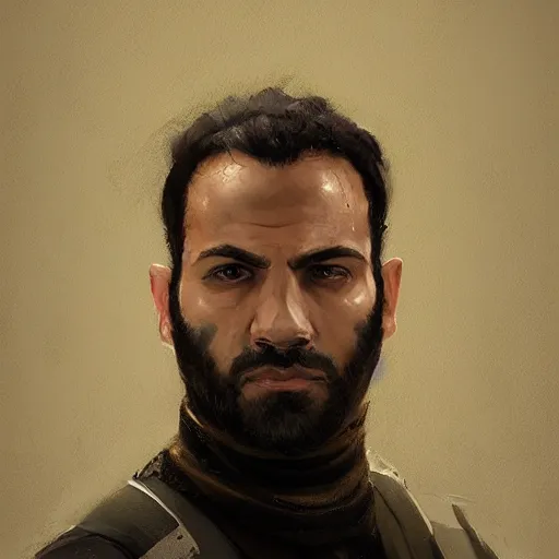 Image similar to Portrait of a man by Greg Rutkowski, he is about 30 years old, mixture between persian, indian and texan, wide forehead, short black hair, manly, attractive, strong and burly, he is wearing a utilitarian beige and black jumpsuit, highly detailed portrait, scifi, digital painting, artstation, concept art, smooth, sharp foccus ilustration, Artstation HQ