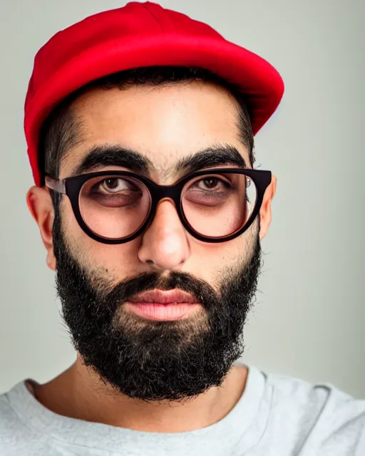 Prompt: headshot of a young ducktail bearded middle eastern american male with wayfarer glasses and red baseball hat - raw, studio lighting, 8 k, photo shoot, 9 inch kershaw soft focus lens f / 5. 6