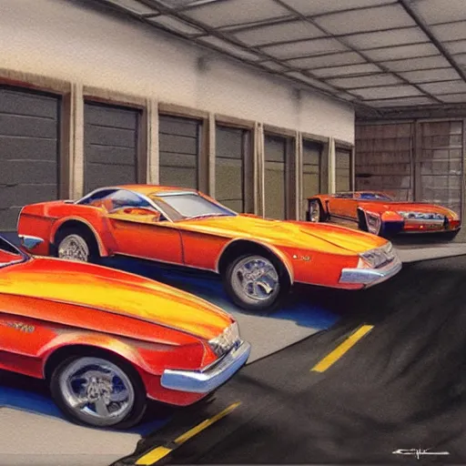 Image similar to detailed details photorealistic pictures of car garage in the style of bob peak and alex ross, gouache and wash paints color, detailed details object proportionate, detailed 5 k details.