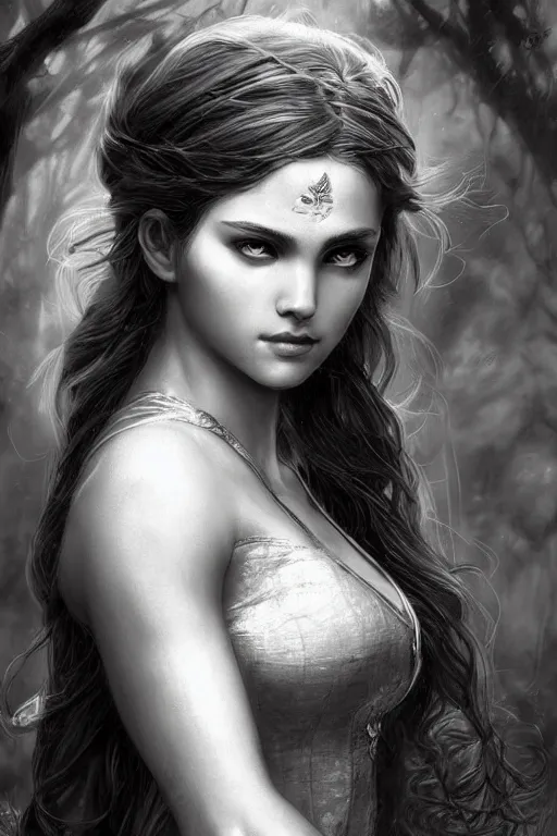 Image similar to beautiful young aphrodite goddess, archer, realistic face, beautiful eyes, black and white drawing, in the style of greg rutkowski, fantasy, amazing detail, hyperrealistic, hyperdetailed, high resolution, epic, intricate, elegant, style of laura sava, smooth, sharp focus