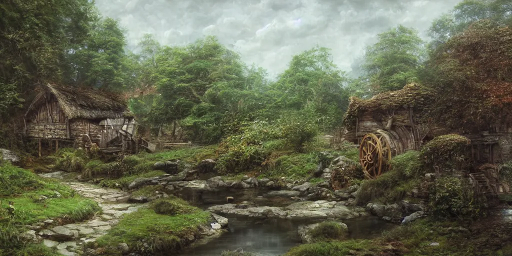 Image similar to a small serene fantasy village on the edge of the woods, small stream, water wheel, by alan lee, lord of the rings, smooth, detailed terrain, oil painting, matte painting, concept art, trending on artstation