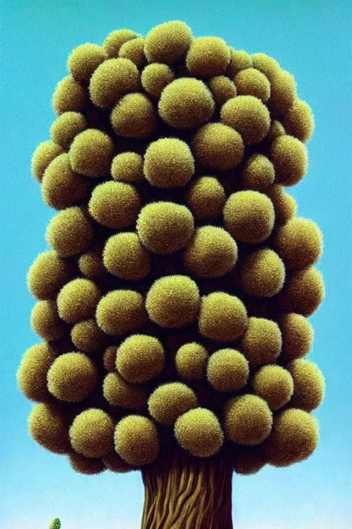 Prompt: a pompom tree with a very very very very tall!! trunk, viewed from below, ant perspective, digital illustration by chris van allsburg and artgerm, surreal, photorealistic