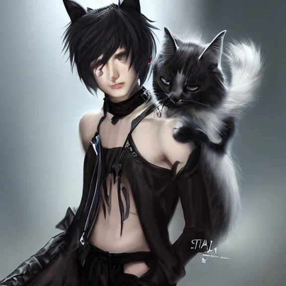 Prompt: emo boy with cat ears and tail, fantasy artwork, award winning, hyper detailed, very very very beautiful!, studio lighting, artstation