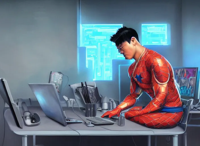 Image similar to an insanely detailed painting of an asian man wearing a homemade superhero costume, sitting at a desk, staring seriously at the computer and typing, in the style of james jean, dramatic lighting and composition, surreal background, octane render, pixar, trending on artstation, concept art, comic book, view from behind, 8 k