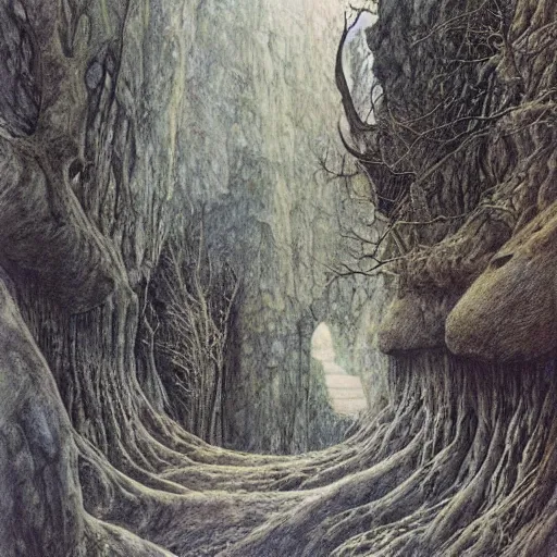 Image similar to hall of the mountain king, Alan Lee