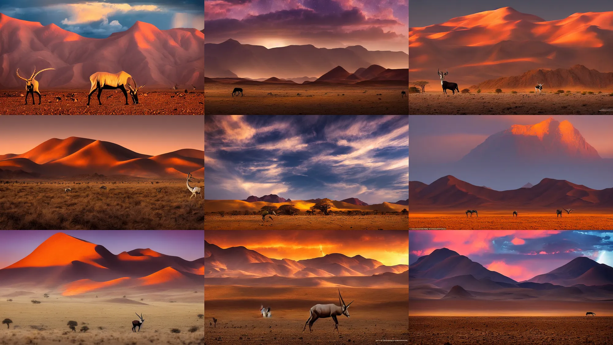 Prompt: amazing landscape photo of the Namib landscape with mountains in the distance and an Oryx standing in the foreground by marc adamus, beautiful dramatic lighting