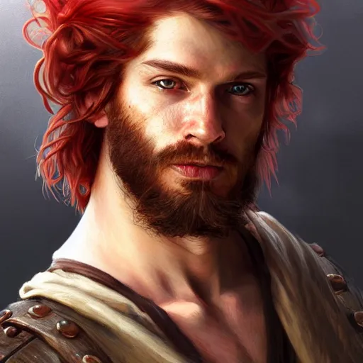 Image similar to portrait of a young rugged pirate, male, masculine, upper body, red hair, long hair, soft hair, D&D, fantasy, intricate, elegant, highly detailed, digital painting, artstation, concept art, matte, sharp focus, illustration, art by Artgerm and Greg Rutkowski and Alphonse Mucha