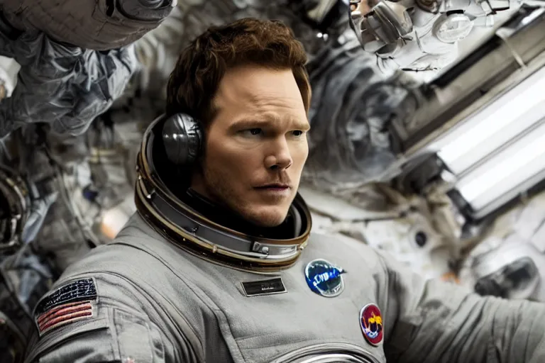 Image similar to medium shot of Chris Pratt as an astronaut in Interstellar (2014 film), detailed face, movie still, promotional image, imax 70 mm footage