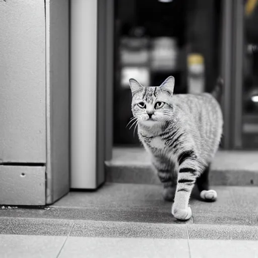 Image similar to Cat entering McDonald's and ordering a Hamburger, 40nm lens, shallow depth of field,