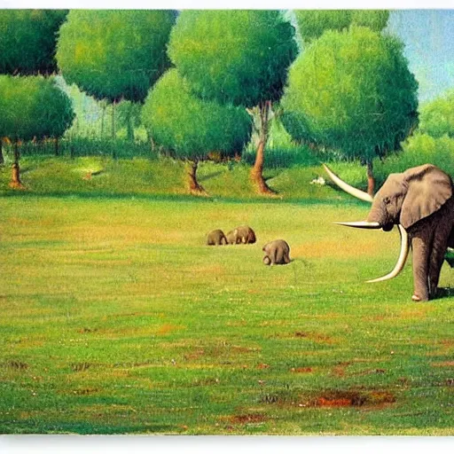 Image similar to an elephant on a green meadow art by Romano Scarpa Disney