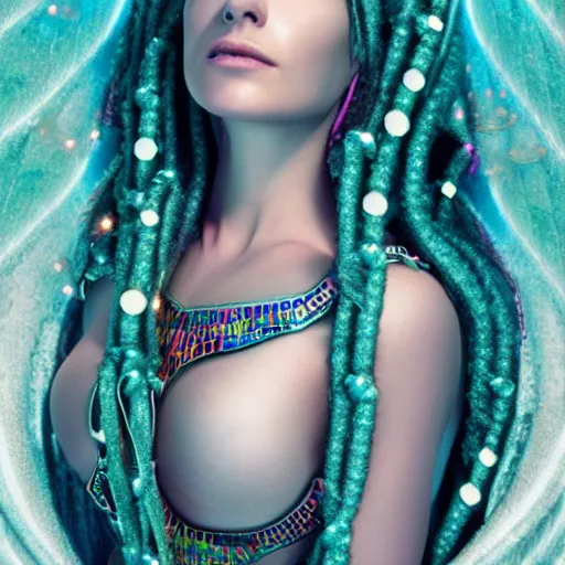 Image similar to unreal engine, octane render, 8 k, sandro botticelli full body portrait of lady of elche egyptian sumerian goddess princess intergalactica, nautical siren, queen of heaven, techno mystic goddess, with aqua neon dreadlocks, teal eyebrows encrusted with diamonds, wearing iris van herpen haute couture, star - gate of futurisma,