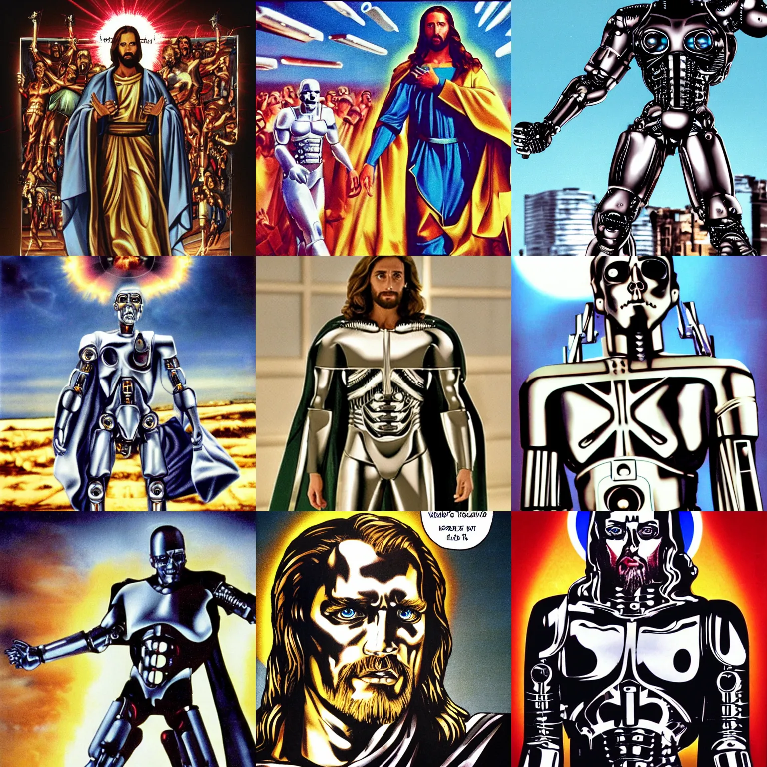 Prompt: super technojesus, the robotic christ savior, terminator film still