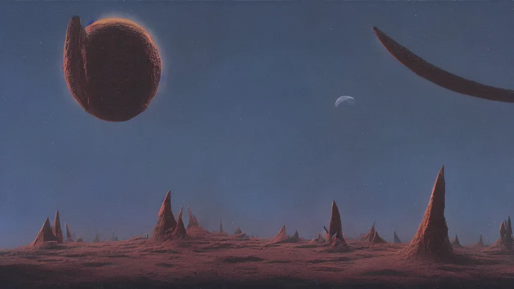 Image similar to mysterious sculpture of an alien crescent moon by paul lehr and john schoenherr, cinematic matte painting