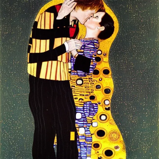 Prompt: david bowie kissing mick ronson in the kiss by klimt. man ray steampunk detailed