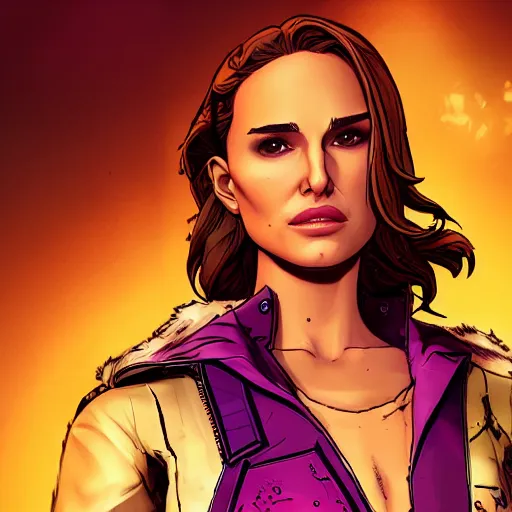 Image similar to natalie portman portrait, borderlands, tales from the borderlands, the wolf among us, comic, cinematic lighting, studio quality, 8 k