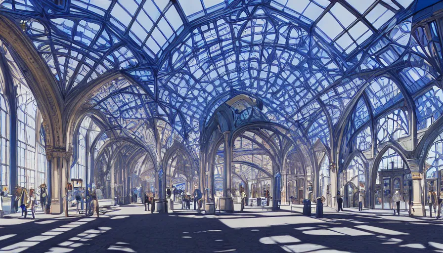 Prompt: neo - gothic train station with blue glass dome, trains, sunny day, volumetric light, hyperdetailed, artstation, cgsociety, 8 k