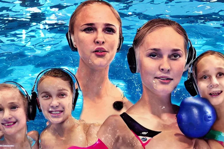 Image similar to Putin and beaty girls at aquatic disco, hyper realistic photo, highly detailed