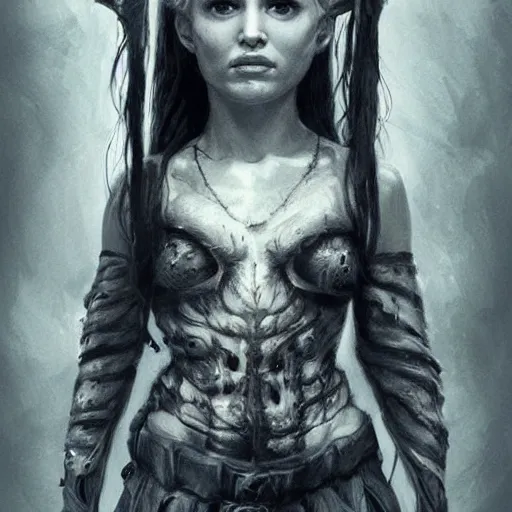 Prompt: full length portrait of a beautiful little girl standing on a lot of skulls in the hell, natalie portman, pigtails hairstyle, dark fantasy, high detailed, concept art, sharp focus, illustration