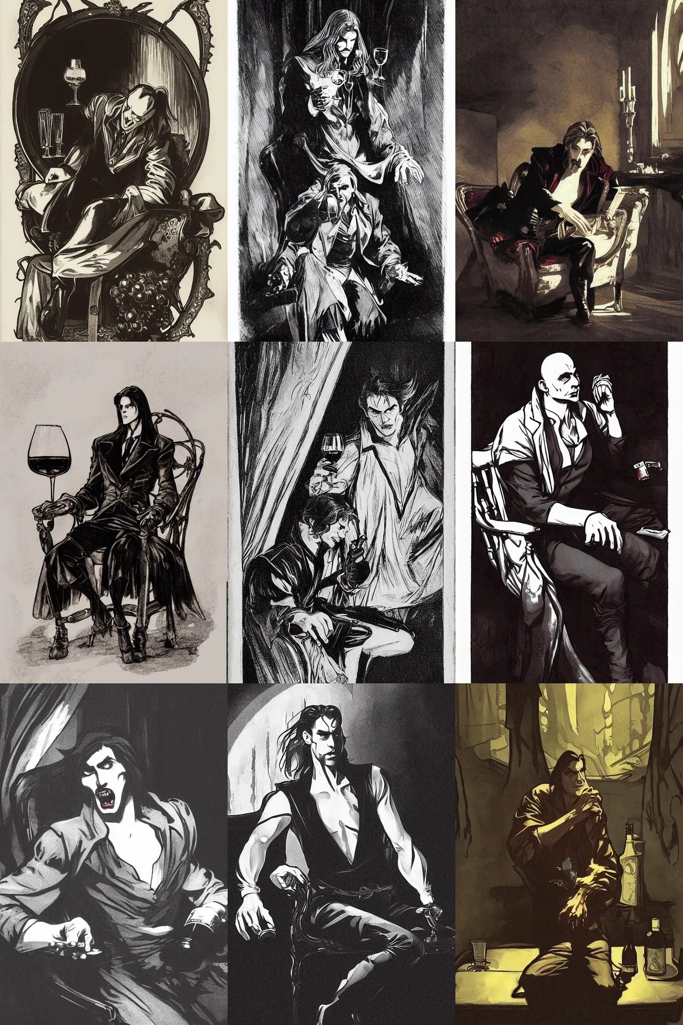 Prompt: vampire with one leg crossed over the other, holding a glass of red wine in his hand, sitting sitting dramatically on a chair in a dark room with trophies along the back wall, 8 k, d & d, castlevania, in the style of john singer sargent and alphonse mucha, dramatic lighting, spotlight from a window, intricate detail, very highly detailed