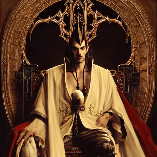 Image similar to perfectly centered portrait of attractive vampire king in a robe sitting on a throne of bones, highly detailed painting by gaston bussiere, craig mullins, j. c. leyendecker, 8 k