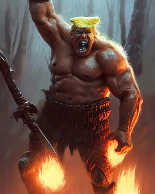 Prompt: trump as orc barbarian | | realistic shaded, fine details, realistic shaded lighting poster by greg rutkowski, magali villeneuve, artgerm, jeremy lipkin and michael garmash and rob rey