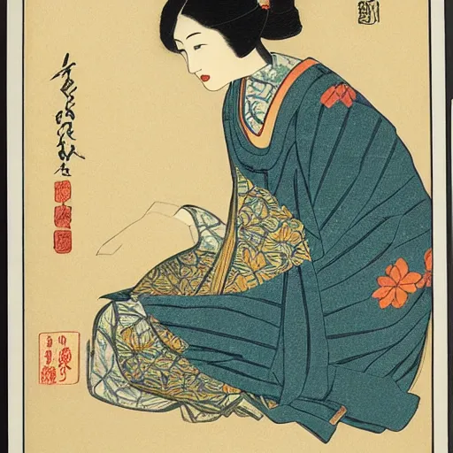 Image similar to hiroshi yoshida woodblock print. beautiful woman sitting near pond.