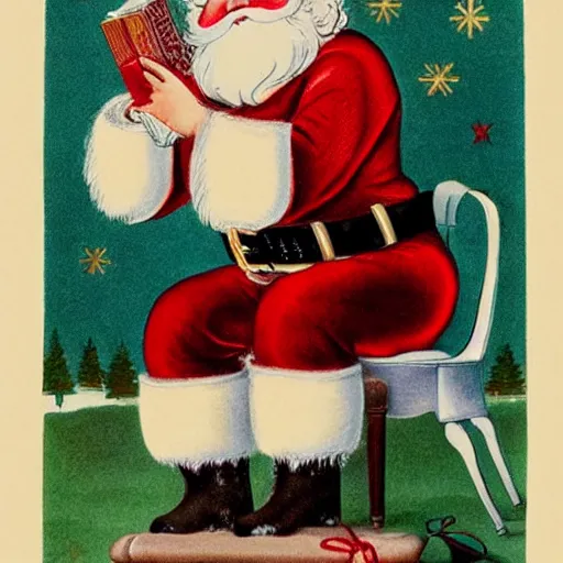 Image similar to santa claus sitting on the toilet in the style of currier & ives