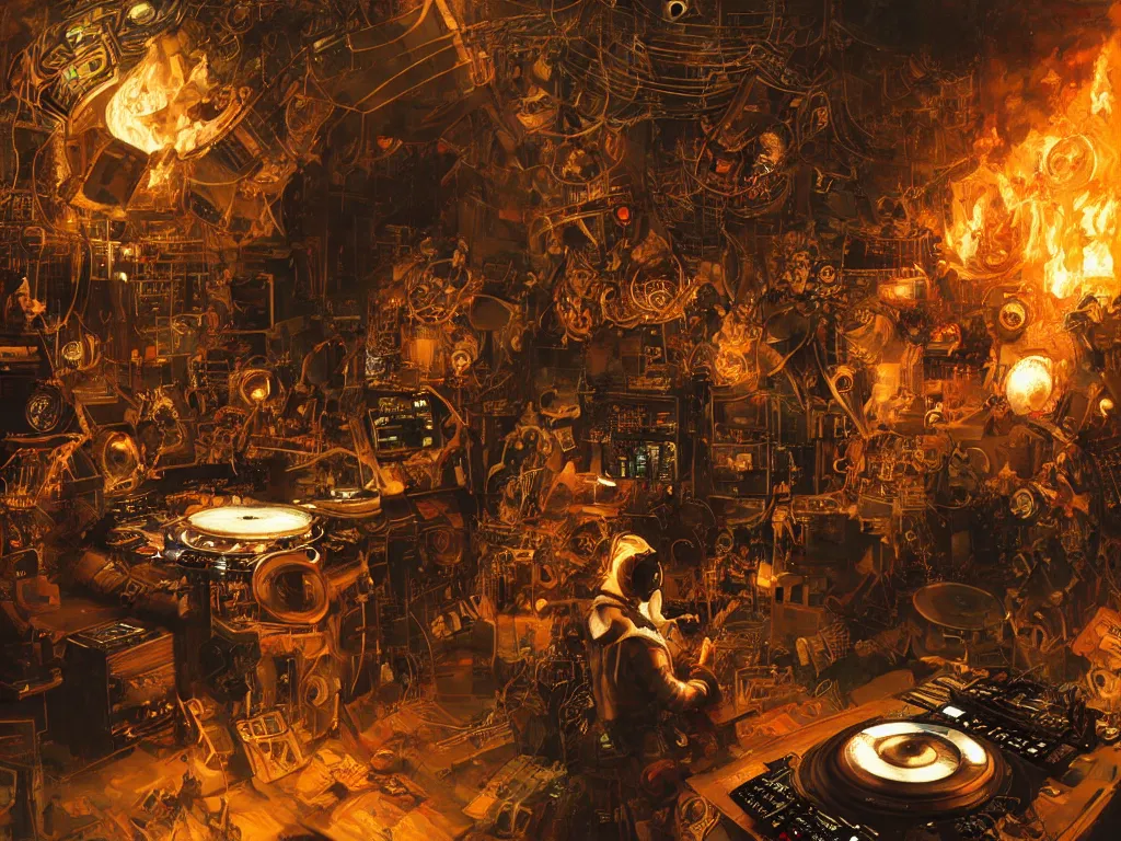 Prompt: an incredible masterpiece of a cyborg dj is playing a vast array of highly evolved and complex musical technology surrounded by an incredible and complex circular structure lit by fire, by craig mullins