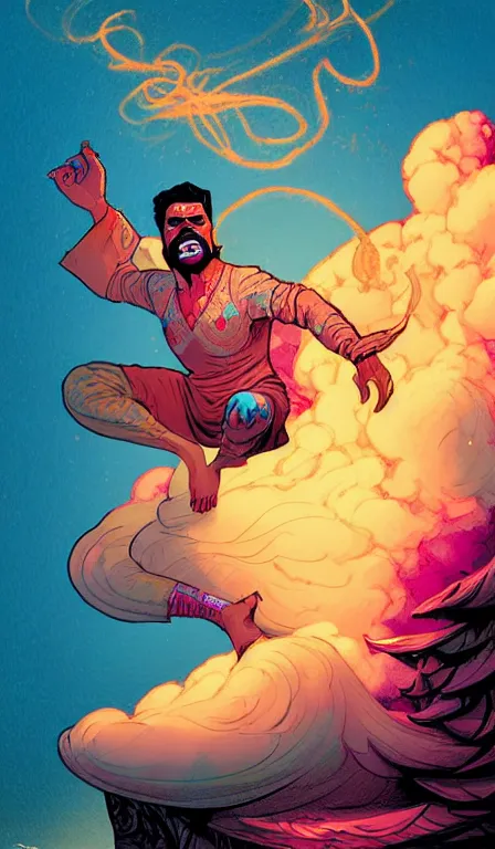 Prompt: Dynamic Djinn made of cotton candy, digitally painted by Tim Doyle, Kilian Eng and Thomas Kinkade, centered, uncropped